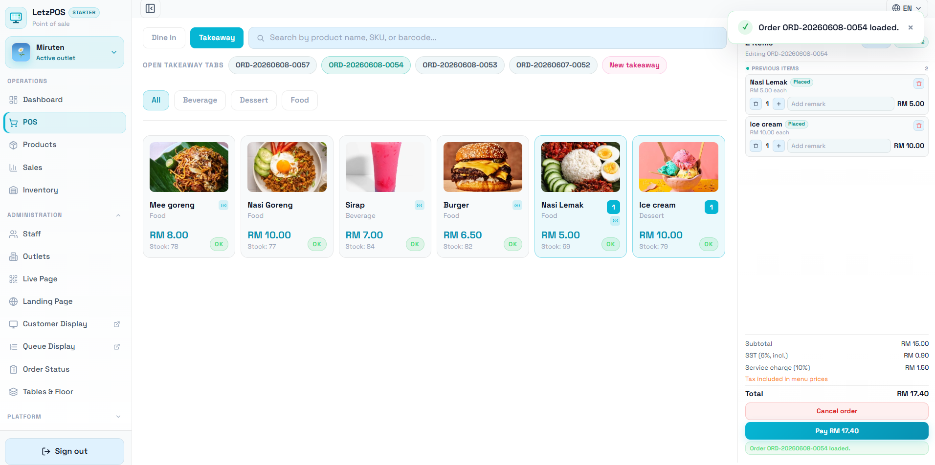 LetzPOS checkout screen